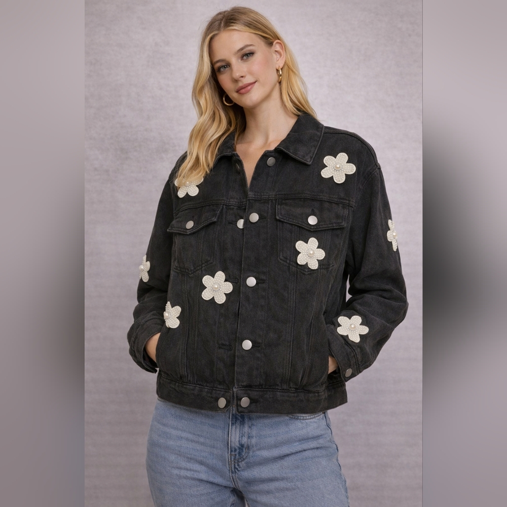 POL Black Denim Pearl Flower Jacket | Cropped Statement Jacket Size Small
